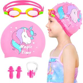 Kids Swim Caps for Girls (Age 2-6), Durable Waterproof Silicone Swimming Cap for Short Hair with Swimming Goggles, Ear Plug and Nose Clip in Kuwait