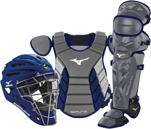 Mizuno Samurai Youth Baseball Boxed Catcher's Gear Set, Grey-Navy, 14" Youth Boys in Saudi Arabia