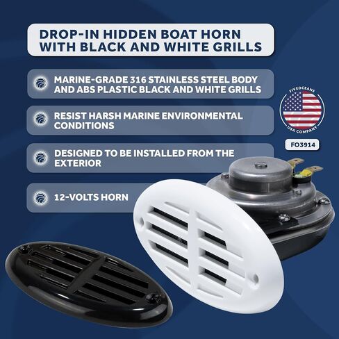 Five Oceans 316 Stainless Steel Boat Horn, Marine Drop-in Hidden Horn with Black and White Grills, 12-Volts - 110+5 dB, for Boats, RVs, Buses, and Trucks - FO3914 in Saudi Arabia