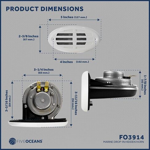 Five Oceans 316 Stainless Steel Boat Horn, Marine Drop-in Hidden Horn with Black and White Grills, 12-Volts - 110+5 dB, for Boats, RVs, Buses, and Trucks - FO3914 in Saudi Arabia