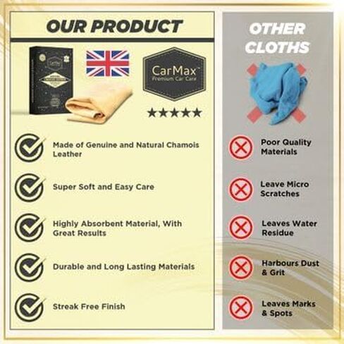 CarMax English Premium Grade Natural Chamois Leather Large - Perfect for Drying Off The Whole car, Glass, Mirrors, Inside and Out, Super Soft and Highly Absorbent, Made in The UK (Large)… in Saudi Arabia