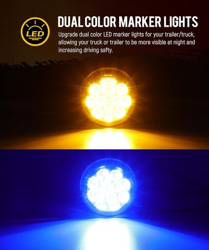 Partsam 2Pcs Dual Color 2.5 inch Round 13 LED Marker Light, Amber Side Marker Clearance Lights to Blue Auxiliary Lights for Trailer Truck, Clear Lens,12V, Waterproof in Saudi Arabia