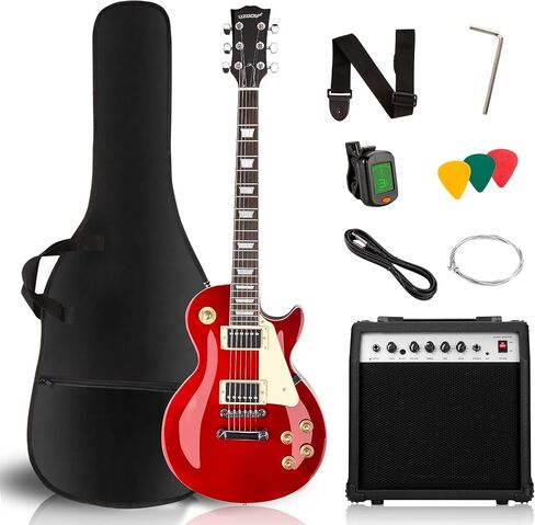 UZOCHI LP Electric Guitar Beginner Kit with 20W Amp & All Starter Accessories, Solid Body, Mahogany Wood - Red in Saudi Arabia