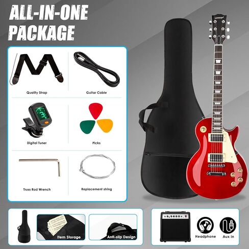 UZOCHI LP Electric Guitar Beginner Kit with 20W Amp & All Starter Accessories, Solid Body, Mahogany Wood - Red in Saudi Arabia