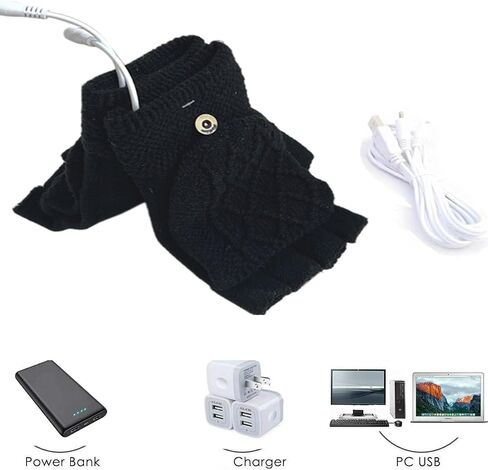 قفازات USB ساخنة للنساء والرجال، قفازات شتوية دافئة للكمبيوتر المحمول، حياكة الأيدي كاملة ونصف ساخنة بدون أصابع، تدفئة قابلة للغسل، تصميم قابل للغسل، عبوة واحدة باللون الأسود in Kuwait