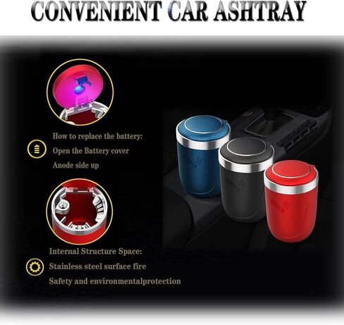Neioaas Car Ashtrays, Portable Ashtray - Car Ashtray with Lid, Mini Car Trash Can, Easy Clean Up Detachable Stainless Steel Car AshTray with LED Blue Light for Most Car Cup Holder (Red) in Kuwait