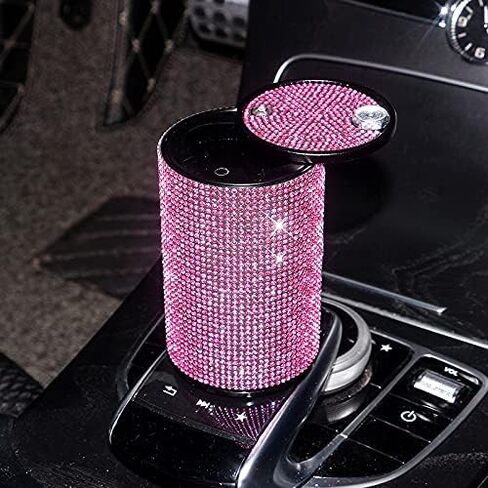 Car Cigarette Ashtray Auto Mini Car Ashtray Portable with lid smell proof Crystal Diamond Car Ashtray for Women Mini Car Trash Can Ideal for Car——size:10cm*6cm(Pink) in Saudi Arabia