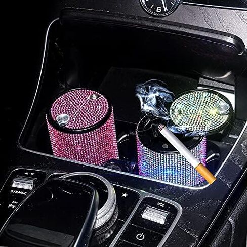 Car Cigarette Ashtray Auto Mini Car Ashtray Portable with lid smell proof Crystal Diamond Car Ashtray for Women Mini Car Trash Can Ideal for Car——size:10cm*6cm(Pink) in Saudi Arabia