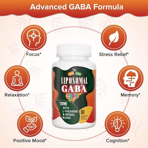 Liposomal GABA with L-Theanine Supplements 1200mg - High Absorption GABA Complex with Ashwagandha, Chamomile, Tart Cherry Herbal Supplements for Men and Women, 60 Softgels in Saudi Arabia