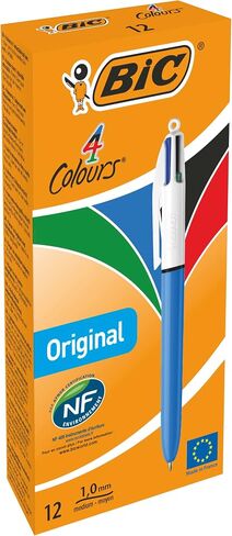 Bic 4 Colours Original Pens, Multi Coloured Pens All In One, Retractable Ballpoint Biro Pens, Green, Blue, Red, Black, 12 Pens Per Pack, 1 Pack in Kuwait