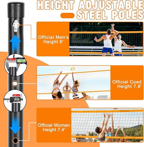 شبكة كرة طائرة محمولة في الهواء الطلق - مجموعة كرة طائرة 25 قطعة مع أقطاب فولاذية بارتفاع قابل للتعديل، كرة طائرة ناعمة، مضخة، مطرقة، خط حدودي، حقيبة حمل - شبكة كرة طائرة لشاطئ الحديقة الخلفية in Kuwait