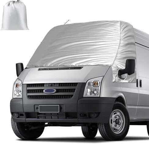 غطاء زجاج أمامي فضي متوافق مع 2014-2023 Ford Transit Van قياسي/متوسط ​​السقف، غطاء النافذة الأمامية مع فتحات مرآة لمظلة جانبية معزولة للمقعد الأمامي لجميع المواسم in Kuwait