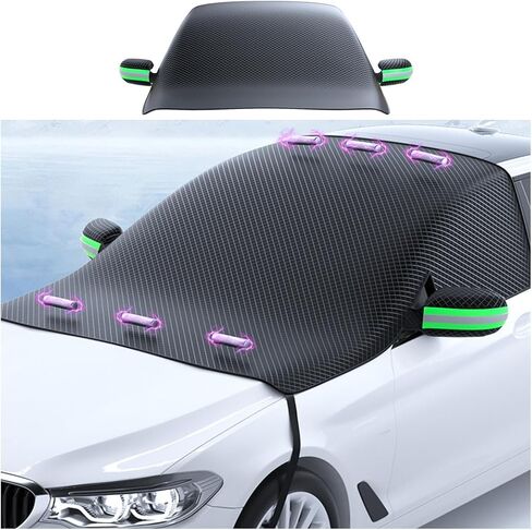 Car Windshield Cover for Ice and Snow, Automotive Windshield Snow, Ice, UV, Frost Removal Wiper & Mirror Protector with Magnetic Edges, All Weather Universal for Most Cars (Green Strip) in Saudi Arabia