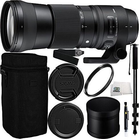 Sigma 150-600mm f/5-6.3 DG OS HSM Contemporary Lens for Canon EF Bundle Includes Manufacturer Accessories + 72 inch Monopod with Quick Release + UV Filter + Lens Pen + Microfiber Cleaning Cloth in Saudi Arabia