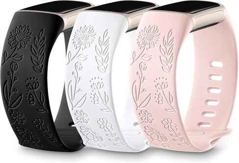 DaQin 3 عبوات منقوشة بزهرة عباد الشمس متوافقة مع Fitbit Charge 6 Band/Fitbit Charge 5 Bands للنساء والرجال، حزام بديل لسوار رياضي ناعم من ليزر عباد الشمس اللطيف للشحن 6 نطاقات/Charge 5 Band in Kuwait