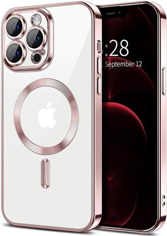 Pink Magnetic Clear Case [Full Camera Lens Protection] Luxury Plating Edge Slim Soft TPU Cover Shockproof Protective Phone Case in Saudi Arabia
