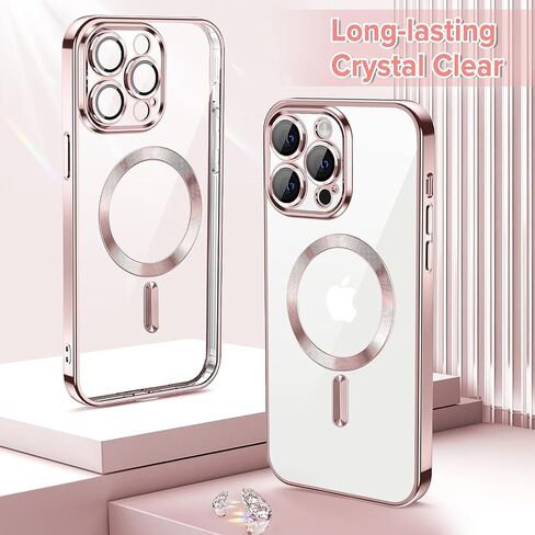 Pink Magnetic Clear Case [Full Camera Lens Protection] Luxury Plating Edge Slim Soft TPU Cover Shockproof Protective Phone Case in Saudi Arabia