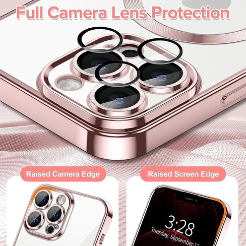Pink Magnetic Clear Case [Full Camera Lens Protection] Luxury Plating Edge Slim Soft TPU Cover Shockproof Protective Phone Case in Saudi Arabia