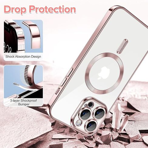 Pink Magnetic Clear Case [Full Camera Lens Protection] Luxury Plating Edge Slim Soft TPU Cover Shockproof Protective Phone Case in Saudi Arabia