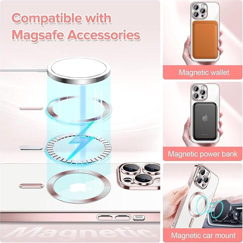 Pink Magnetic Clear Case [Full Camera Lens Protection] Luxury Plating Edge Slim Soft TPU Cover Shockproof Protective Phone Case in Saudi Arabia
