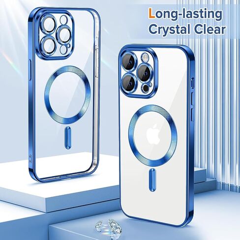 Pink Magnetic Clear Case [Full Camera Lens Protection] Luxury Plating Edge Slim Soft TPU Cover Shockproof Protective Phone Case in Saudi Arabia