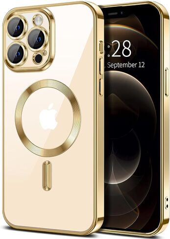 Pink Magnetic Clear Case [Full Camera Lens Protection] Luxury Plating Edge Slim Soft TPU Cover Shockproof Protective Phone Case in Saudi Arabia