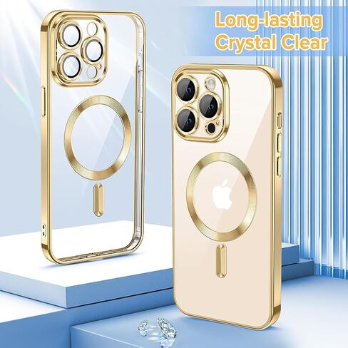 Pink Magnetic Clear Case [Full Camera Lens Protection] Luxury Plating Edge Slim Soft TPU Cover Shockproof Protective Phone Case in Saudi Arabia