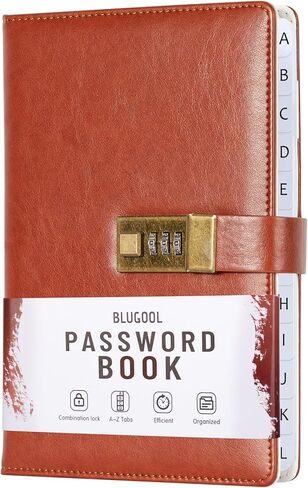كتاب كلمة المرور مع قفل، حافظة كلمات المرور مع علامات تبويب أبجدية، منظم كلمات المرور للكمبيوتر وعنوان الإنترنت لتسجيل الدخول إلى الموقع، هدايا للمنزل والمكتب، 5.6 بوصة × 8 بوصة - بني in Kuwait