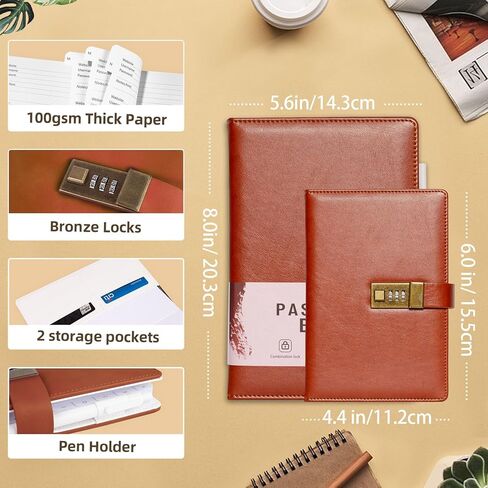 كتاب كلمة المرور مع قفل، حافظة كلمات المرور مع علامات تبويب أبجدية، منظم كلمات المرور للكمبيوتر وعنوان الإنترنت لتسجيل الدخول إلى الموقع، هدايا للمنزل والمكتب، 5.6 بوصة × 8 بوصة - بني in Kuwait