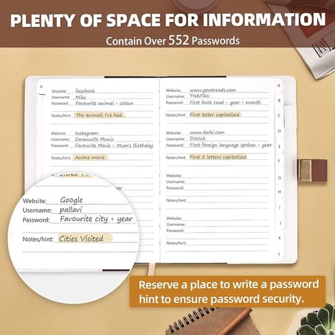كتاب كلمة المرور مع قفل، حافظة كلمات المرور مع علامات تبويب أبجدية، منظم كلمات المرور للكمبيوتر وعنوان الإنترنت لتسجيل الدخول إلى الموقع، هدايا للمنزل والمكتب، 5.6 بوصة × 8 بوصة - بني in Kuwait