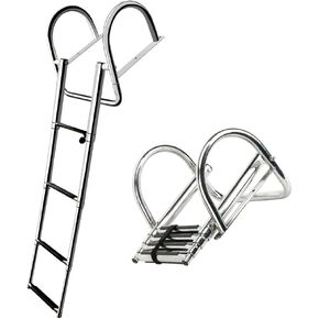 4 Steps Pontoon Boat Ladder, Stainless Steel Folding Telescoping Rear Entry Inboard Ladder Heavy Duty Custom Swim Deck Ladder with Pedal Hand Railing Ladder (4 Step Ladder)