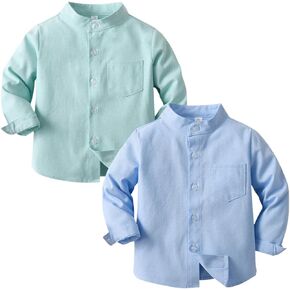 2 Pack Boys' Long Sleeve Henley Shirt Button Down Cotton Dress Shirts Casual Solid Tops with Chest Pocket for 3-8T