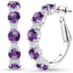 Gem Stone King 925 Sterling Silver Purple Amethyst and White Zirconia Hoop Earrings For Women (2.74 Cttw, Round 4MM and 1.9MM, Gemstone Birthstone 1 Inch Diameter)