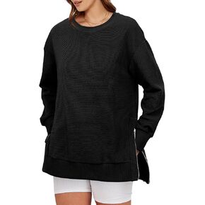Glamaker Womens Oversized Sweatshirts Crewneck Side Zipper Pollover Long Sleeve Hoodie Sweaters 2024 Fall Clothes
