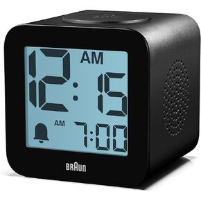 Braun Digital Speaking Alarm Clock with Snooze, Positive LCD Display, Spoken Setting Options, Crescendo Beep Alarm in Black, Model BC25BP.