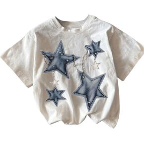 Girl's Geometric Star Graphic Tee Tops Casual Summer Short Sleeve Crew Neck T Shirt
