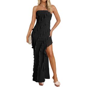 ZESICA Women's Strapless Bodycon Dress Sexy Off Shoulder Mesh Tassel Ruffle Side Split Tube Party Maxi Dresses
