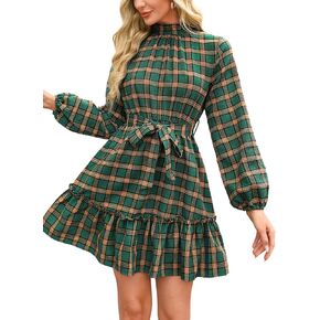 CUPSHE Ruffle Mini Fall Dress for Women Plaid Stand Collar Long Sleeve Back Tie Cutout Waist Lace Up Belted Dresses