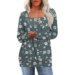 Anydeer Women Tunic Tops Square Neck T-Shirts Deep V Blouses Fall Long Sleeved Loose Fit With Leggings