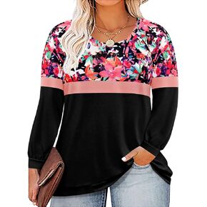 TIYOMI Plus Size Tops for Women Round Crew Neck Long Sleeve Shirt Colorblock Tee Autumn Fall Winter Spring XL-5XL