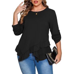 Beauhuty Womens Plus Size Tops Ruffled Hem Tunic Roll Up Sleeves Crew Neck T-Shirts Casual Flowy Dressy Blouses