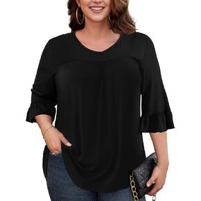 Womens Plus Size Tops 3/4 Ruffle Sleeve Shirts Loose V-Neck Dressy Casual Tunic Blouses