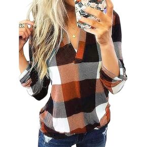 Womens Basic Casual V Neck Plaid Print Cuffed Long Sleeve 3/4 Sleeve Blouses Tunic Shirts Work Tops 2024
