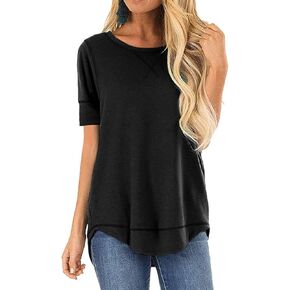 HIYIYEZI Summer Tops for Women Short Sleeve Side Split Casual Loose Tunic Top