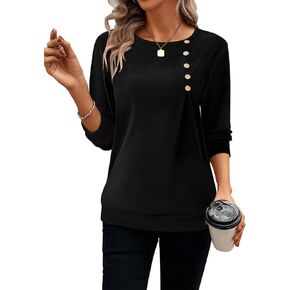 Womens Crewneck Long Sleeve Tops Fall Casual Henley Shirts Loose Fit Pullover Tunic Tops