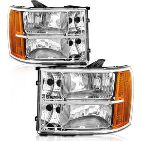 Headlights Assembly for 2007 2008 2009 2010 2011 2012 2013 2014 Sierra / 07-13 GMC Sierra 1500/07-14 GMC Sierra 2500HD 3500HD Chrome Housing Amber Reflector Replacement LH+RH