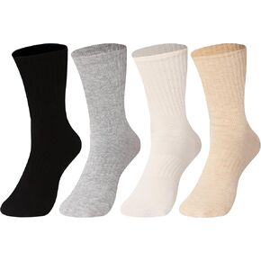 Crew Socks for Women - Seamless Toe, 4 Pairs Cotton Cushioned Socks for Women, Stylish Casual Comfort Athletic Womens Socks for Running Soccer, Size 6-9 (Black+White+Dark Gray+Blue)