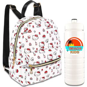 Hello Kitty Mini Backpack Set - Bundle of Small 10" Faux Leather Bag Plus Bottle