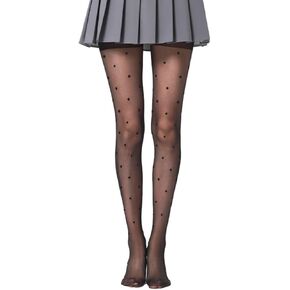 LUCKELF Women's Polka Dot Patterned Tights High Waist Semi Sheer Stockings Reinforced Toes