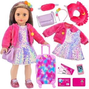 K.T. Fancy 23 PCS 18 Inch Girl Doll Accessories Suitcase Luggage Travel Set Including Rainbow Suitcase Rainbow Bag Camera Computer Cell Phone Neck Pillow Eye Mask Glasses Gift for Christmas